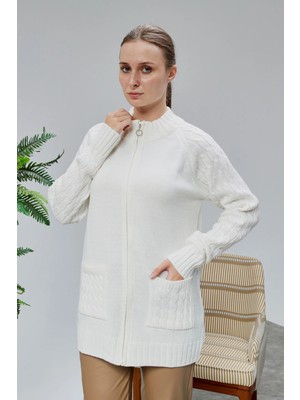 Lugmo Kadın Triko Hırka Fermuarlı Cepli Standart Beden Ekru