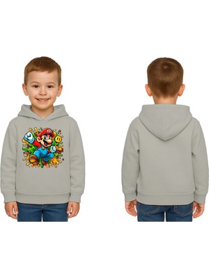 Sedirli Unisex Super Marıo Baskılı Çocuk Swaetshirt Kapşonlu 3 Iplik Şardonlu