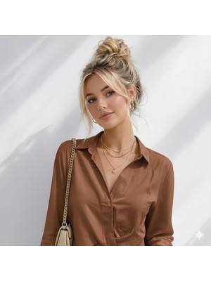 Ribana Classic Kadın Uzun Kol Kruvazr Yaka Basic Beli Lastik Detaylı Saten Crop Gömlek Bluz