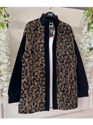 Rengamoda Kadın Leopar Garnili Bağcıklı Yönlü Dokuma Kumaş Fermuarlı Ceket
