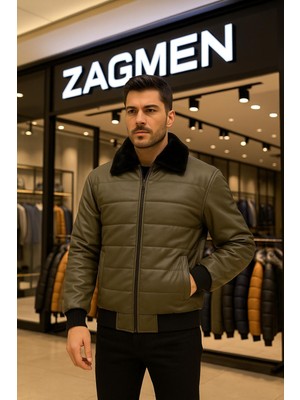 Zegman Zagmen Kürk Yaka Erkek Şişme Suni Deri Mont