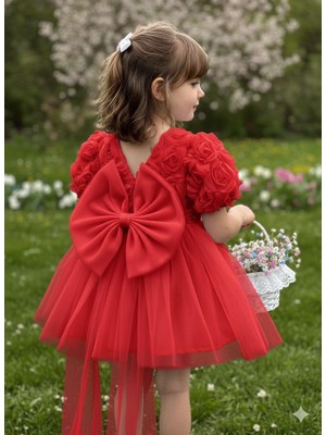 Kız Çocuk Elbise Balon Kısa Kol Detay Lı Kuyruklu Fiyonk Party Doğum Günü Elbise