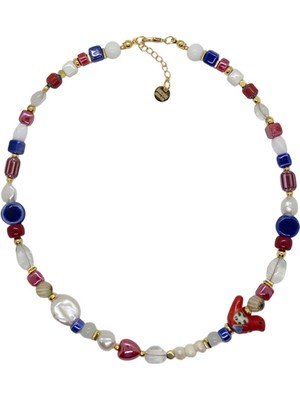 Merse Atelier Mavi Kırmızı Beyaz Doğal Taşlı Seramik ve Incili Kırmızı Kuş Figürlü Kolye