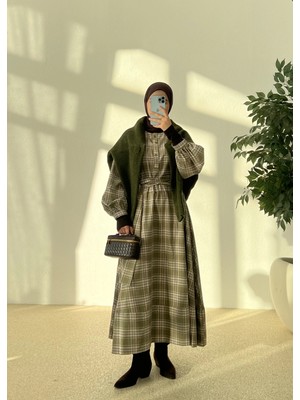 Moda Aksa Zr Kareli Gömlek Elbise Açık Yeşil