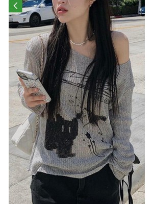 İsra Ayyıldız Moonstar Collection Gri Melanj Cat Omuz Dekolteli Yün Tam Boy Y2K Bluz