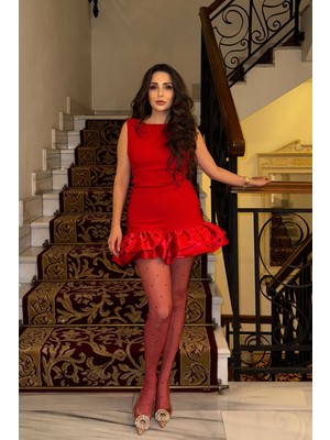 Magarde Drapeli Askılı Elbise- Kırmızı