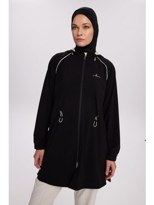 Haşema Active H-Per Fit Kapüşonlu Biye Detaylı Siyah Tesettür Yürüyüş Ceketi Act-37