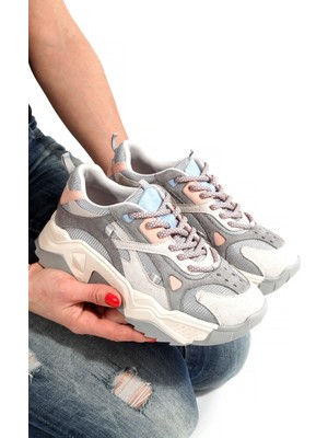 Modabuymus Gri Pembe Mavi Sneaker Kadın Günlük Spor Ayakkabı Muca