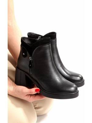 Modabuymus Hakiki Deri Kalın Topuklu Fermuarlı Siyah Kadın Bot Sayano