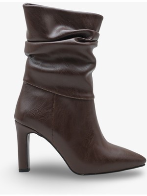 Malira Kadın Büzgü Detaylı Sivri Burun Topuklu Bot - Kahve