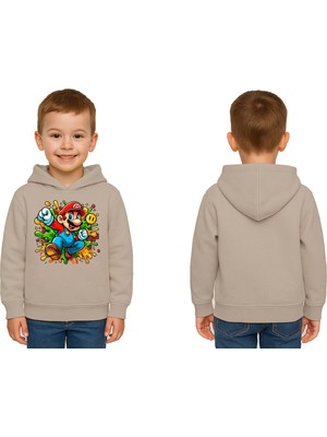 Sedirli Unisex Super Marıo Baskılı Çocuk Swaetshirt Kapşonlu 3 Iplik Şardonlu