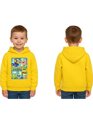 Sedirli Unisex Sünger Bob Baskılı Çocuk Swaetshirt Kapşonlu 3 Iplik Şardonlu