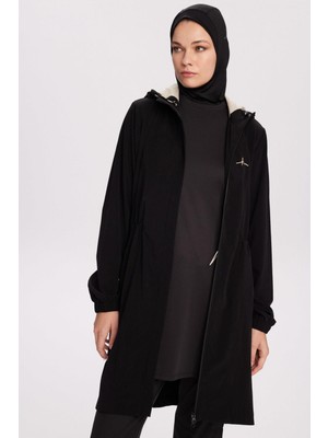 Haşema Active H-Per Fit Kapüşonlu Gizli Fermuarlı Siyah Tesettür Yürüyüş Ceketi Act-39