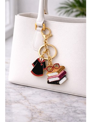 Modex Altın Sarısı Gözlük Kalem Detay Taşlı Kitaplar Çanta Aksesuarı Anahtarlık