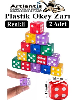 Artlantis Okey Zarı 2 Adet Renkli Oyun Zarı Plastik Akrilik 16 mm Şeffaf Zar Masa Oyunları Zarı Eğlence