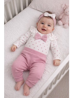 Dinamik çocuk Kalp Desenli Fiyonklu Kız Bebek 3'lü Takım (Çıtçıtlı Badi+Alt+Bandana) 0-3AY/3-6AY