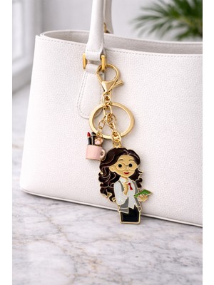 Modex Altın Sarısı Kalem Ruj Figürlü Öğretmen Çanta Aksesuarı Anahtarlık