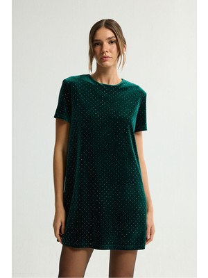 Love My Body Taş Detaylı Kısa Kollu Kadife Elbise Yeşil 124L9793000