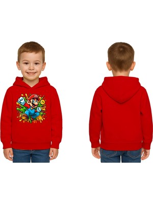 Sedirli Unisex Super Marıo Baskılı Çocuk Swaetshirt Kapşonlu 3 Iplik Şardonlu