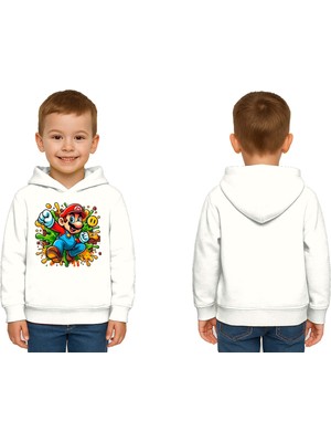 Sedirli Unisex Super Marıo Baskılı Çocuk Swaetshirt Kapşonlu 3 Iplik Şardonlu