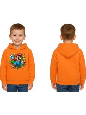 Sedirli Unisex Super Marıo Baskılı Çocuk Swaetshirt Kapşonlu 3 Iplik Şardonlu