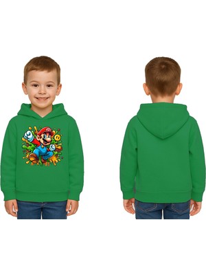 Sedirli Unisex Super Marıo Baskılı Çocuk Swaetshirt Kapşonlu 3 Iplik Şardonlu
