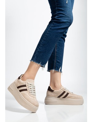 Bahrina Kadın Kalın Tabanlı Sneaker Bej-Kahverengi Renk Düz Topuklu Modern Tasarım