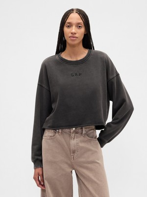 Gap Kadın Koyu Gri Heavyweight Fransız Havlu Kumaş Logo Crop Sweatshirt