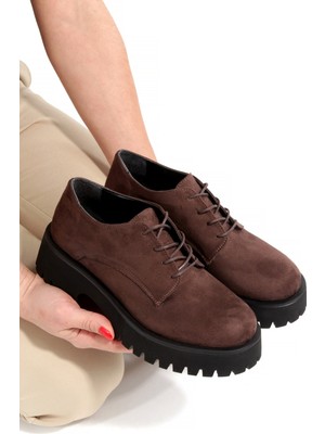 Modabuymus Koyu Kahve Rengi Süet Bağcıklı Ultra Hafif Oxford Kadın Ayakkabı Loetse