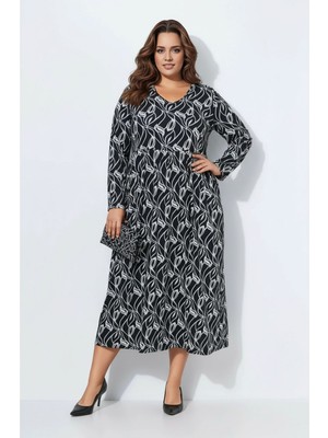 Mamayaga Kadın Büyük Beden Bisiklet Yaka Desenli Belden Latik Uzun Kol Şık Curve Elbise