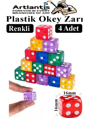 Artlantis Okey Zarı 4 Adet Renkli Oyun Zarı Plastik Akrilik 16 mm Şeffaf Zar Masa Oyunları Zarı Eğlence