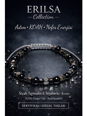 Erilsa Sertifikalı Nefes Akış Destek Astım Koah Enerji Bilekliği – Siyah Turmalin Terahertz 6 mm Doğal Taş