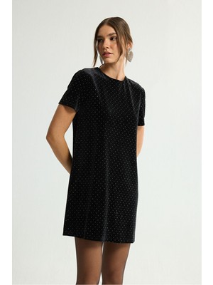 Love My Body Taş Detaylı Kısa Kollu Kadife Elbise Siyah 124L9793000