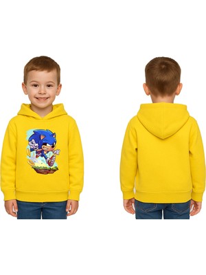 Sedirli Unisex Sonic Baskılı Çocuk Swaetshirt Kapşonlu 3 Iplik Şardonlu
