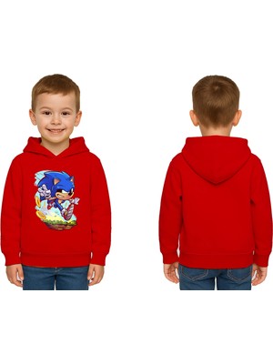 Sedirli Unisex Sonic Baskılı Çocuk Swaetshirt Kapşonlu 3 Iplik Şardonlu