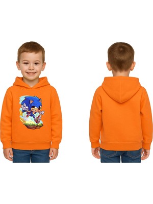 Sedirli Unisex Sonic Baskılı Çocuk Swaetshirt Kapşonlu 3 Iplik Şardonlu