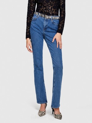 Sisley Slim Fit Yüksek Bel Paçası Yırtmaçlı Denim Pantolon Kadın Siyah T-Shirt - 323A4QWRLE02S