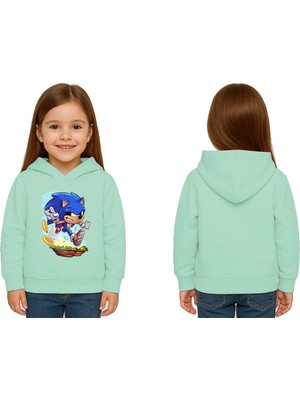 Sedirli Unisex Sonic Baskılı Çocuk Swaetshirt Kapşonlu 3 Iplik Şardonlu