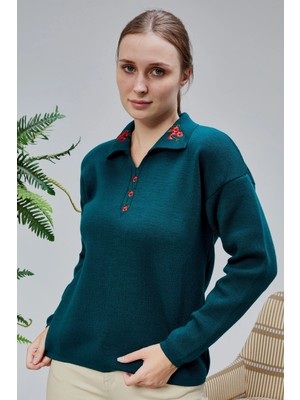 Lugmo Kadın Polo Yaka Oversize Çiçek Nakışlı Triko Kazak Petrol Yeşili