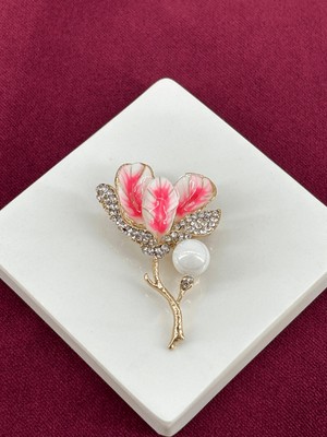 Calista Aksesuar Pembe Yapraklı Gümüş Taşlı Inci Detaylı Gold Broş