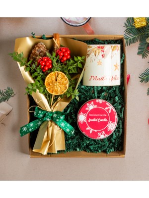 Yılbaşına Özel Hediye Seti- Kokina Buketi- Mutlu Yıllar Tasarım Kupa- Kırmız Mum