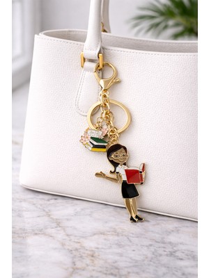 Modex Altın Sarısı Kitap Okuyan Öğretmen Çanta Aksesuarı Anahtarlık