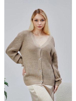 Lugmo Kadın Triko Hırka Taşlı Standart Beden Vizon