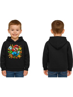 Sedirli Unisex Super Marıo Baskılı Çocuk Swaetshirt Kapşonlu 3 Iplik Şardonlu