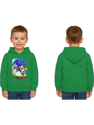 Sedirli Unisex Sonic Baskılı Çocuk Swaetshirt Kapşonlu 3 Iplik Şardonlu