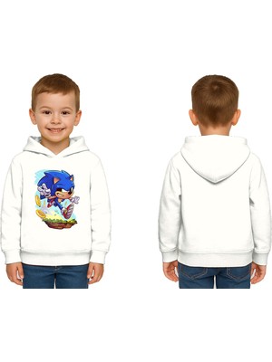 Sedirli Unisex Sonic Baskılı Çocuk Swaetshirt Kapşonlu 3 Iplik Şardonlu