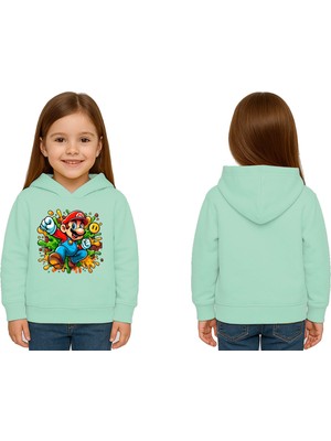 Sedirli Unisex Super Marıo Baskılı Çocuk Swaetshirt Kapşonlu 3 Iplik Şardonlu