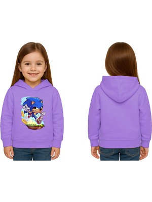 Sedirli Unisex Sonic Baskılı Çocuk Swaetshirt Kapşonlu 3 Iplik Şardonlu