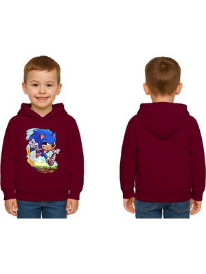 Sedirli Unisex Sonic Baskılı Çocuk Swaetshirt Kapşonlu 3 Iplik Şardonlu