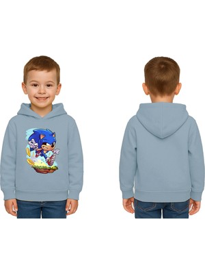 Sedirli Unisex Sonic Baskılı Çocuk Swaetshirt Kapşonlu 3 Iplik Şardonlu